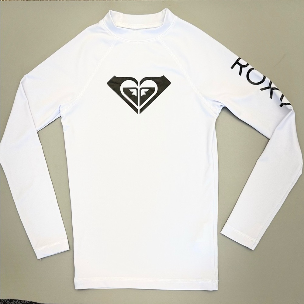 Roxy White Kids Rash Guard Long Sleeve Size 10 Medium Polyester Elastane